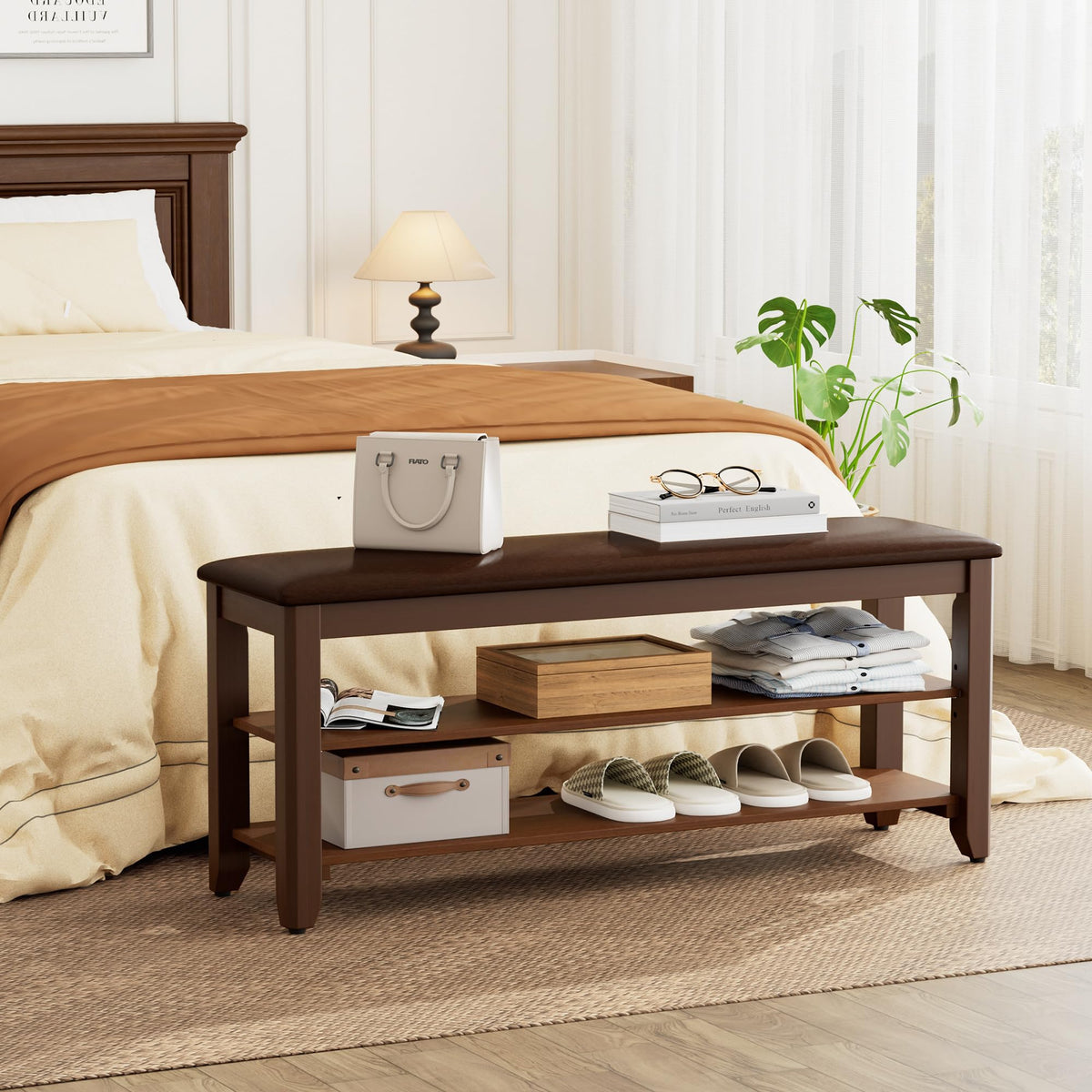 Homleke Shoe Rack Bench with Flip-Top Storage, Solid Wood Entryway Bench with Cushion, Adjustable Shelf, for Hallway, Mudroom, Closet – Walnut, 39.4"