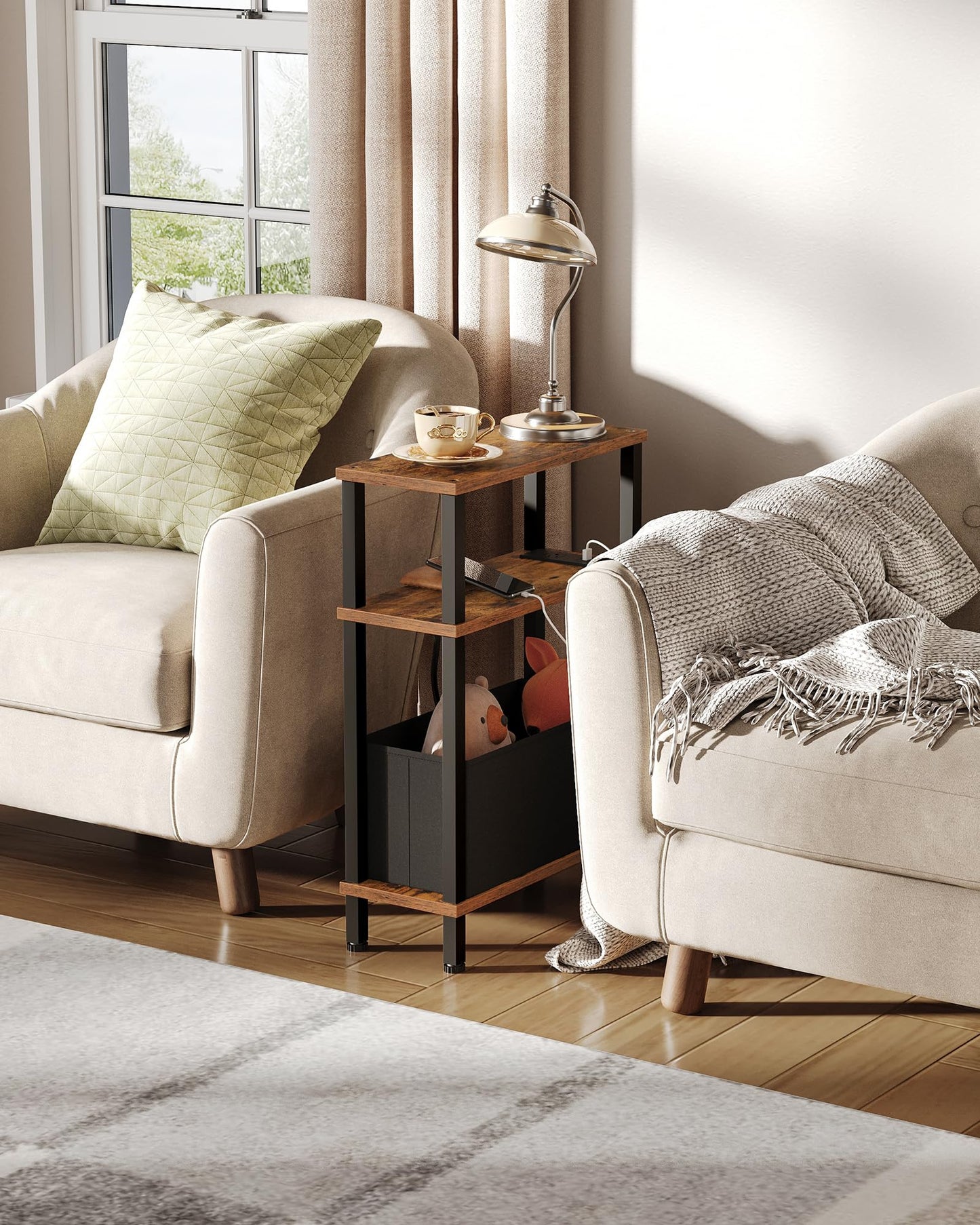 CHOEZON Small Narrow Side Table with Charging Station, Skinny End Table with Fabric Basket, Slim Nightstand for Small Spaces, Sofa Side Table, for Living Room, Bedroom, Rustic Brown and Black TBZ07UBF