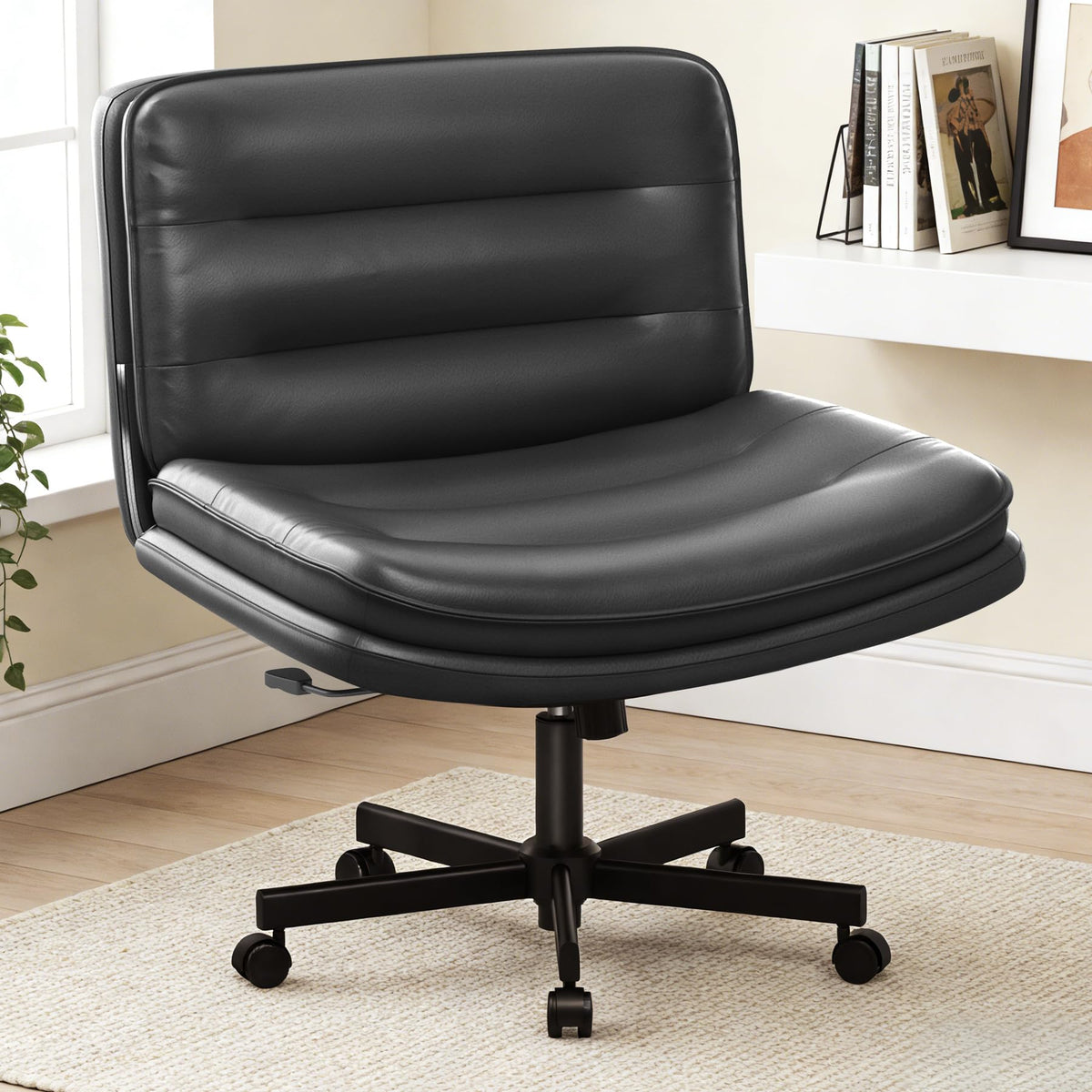 COMHOMA Cross Legged Office Chair with Wheels Armless Office Desk Chair, Modern Vanity Computer Task Chairs for Home Bedroom, Comfortable Wide Seat for Lower Back Pain Relief, PU Leahter, Black