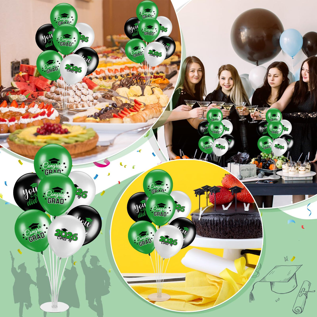 Relaxgiant 4 Set Graduation Party Balloon Stand Kits for Table Centerpieces Balloon Tables Holders with Congrats 2026 Graduation Party Decorations for School College Photo Props(Green)