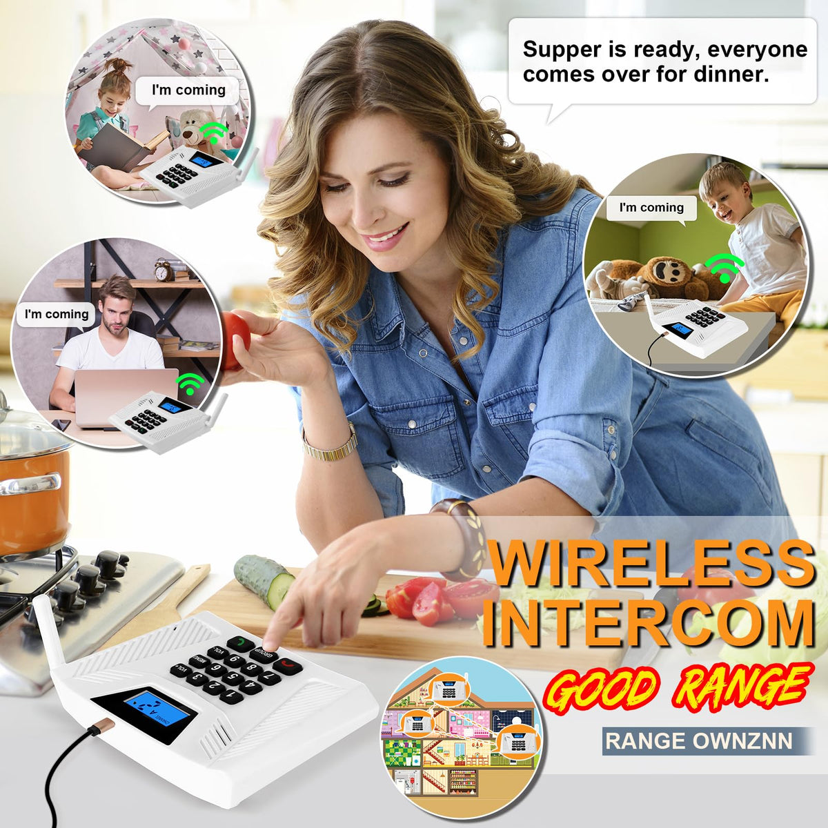 SANZUCO Intercoms Wireless for Home Hands Free, 2024 Upgraded Intercom 5300ft with Automatic Answer, 9 Channel Full Duplex Home Intercom System Fit for Hospital Business House(6 Packs White) ﻿