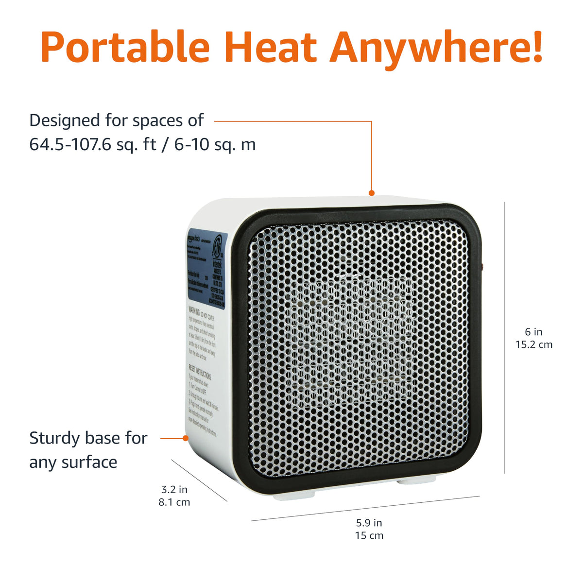 Amazon Basics Ceramic Space Heater, Portable Mini Heater for Office Desk, 500W, With Tip-Over Protection, Lightweight 1.4 lbs, White, 5.9"D x 3.2"W x 6"H