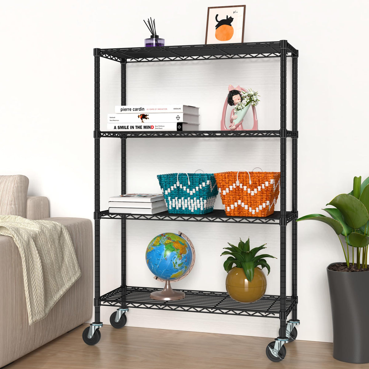 Alexayhome Storage Wire Shelving with Wheels 4-Tier Heavy Duty Garage Shelves Unit Metal Rolling Adjustable Organizer Rack Steel Wire Industrial Shelving for Kitchen Garage Pantry Office Bathroom
