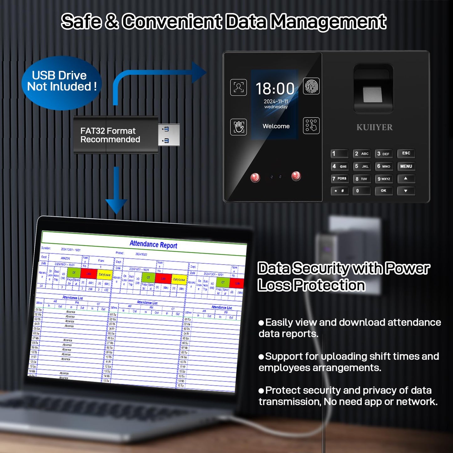 KUIIYER 4 in 1 Employees Time Clocks for Small Business (Face + Fingerprint + Palm Print + PIN) Employee Clock in & Out Machine Biometric Attendance Punch Clock Recorder Tracker (No Monthly Fee)