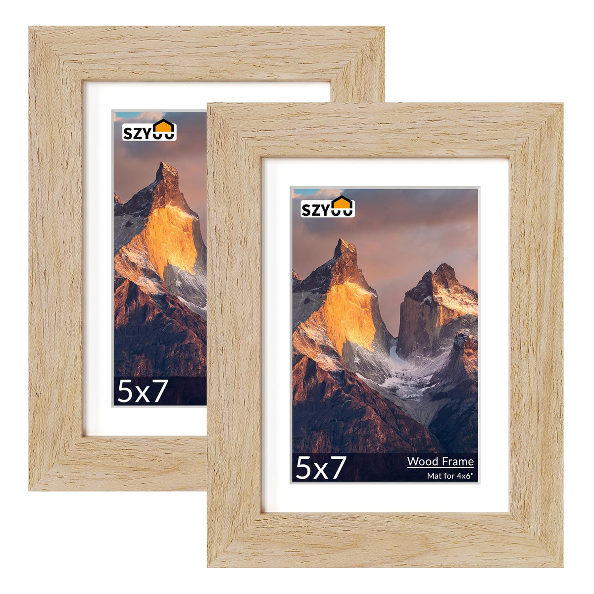 SZYUU 5x7 Picture Frame Set of 2 - Wood Frame with Real Glass, Display 4x6 with Mat or 5x7 without Mat, Photo Frame for Wall or Tabletop Display (Natural Oak)
