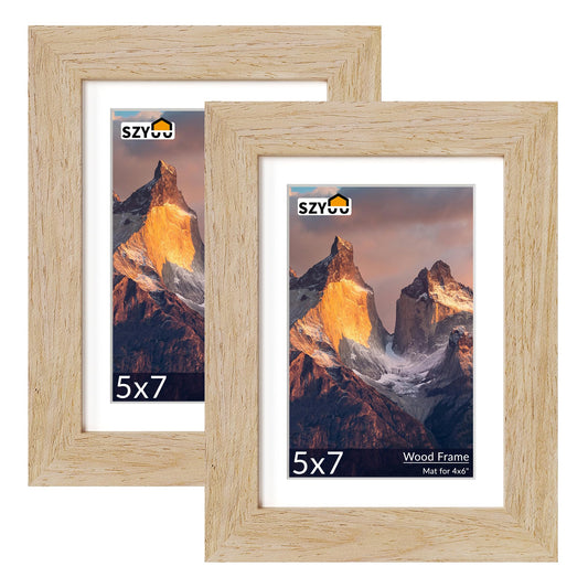 SZYUU 5x7 Picture Frame Set of 2 - Wood Frame with Real Glass, Display 4x6 with Mat or 5x7 without Mat, Photo Frame for Wall or Tabletop Display (Natural Oak)