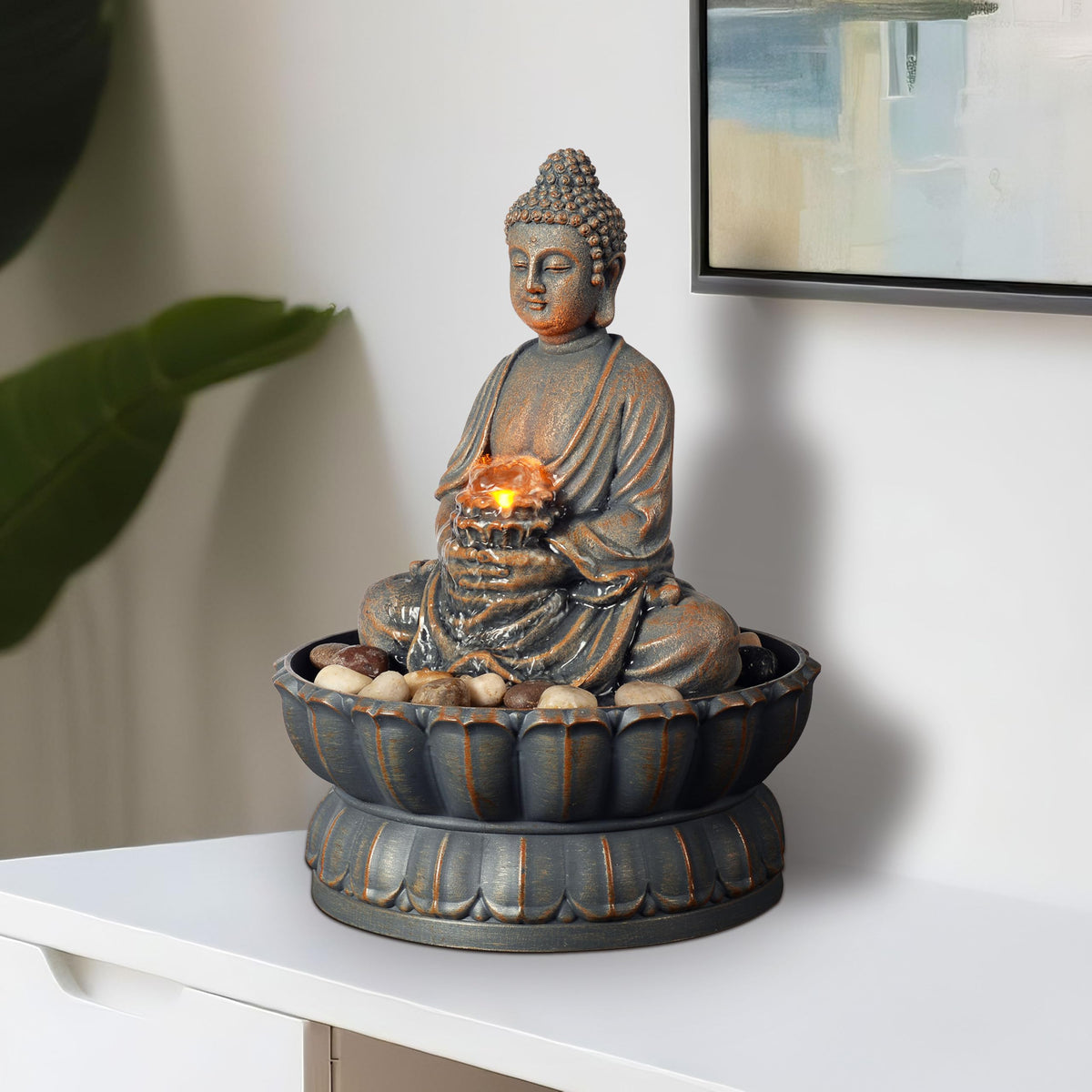 Kalona Home Décor 9.6" Tabletop Fountain Exquisite Smile Sitting Buddha Fountains Desk Water Fountain Decorative Zen Fountain w/Reflective Lighting/Cobblestone Office and Home Decor(21125A)