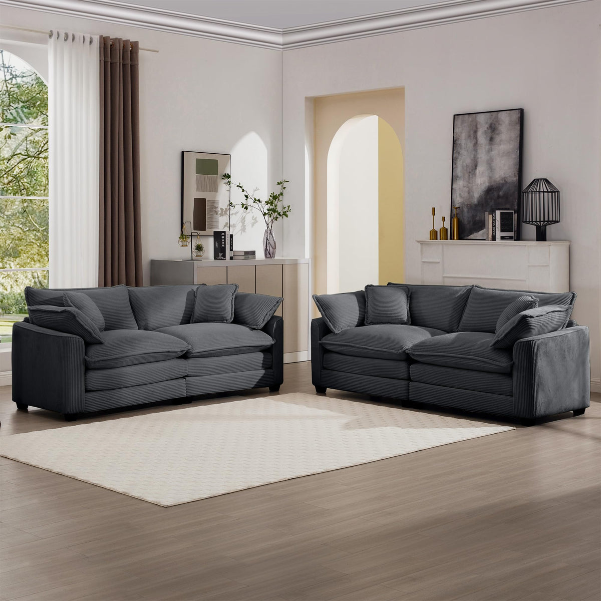 KEIKI 2-Piece Sofa Set with 2 Oversized Corduroy Loveseat Sofa, Upholstered Modern 4-Seater Corner Couch Set with 8 Pillow, High-Density Foam Cushions, Removable Armrests, for Living Room, Grey