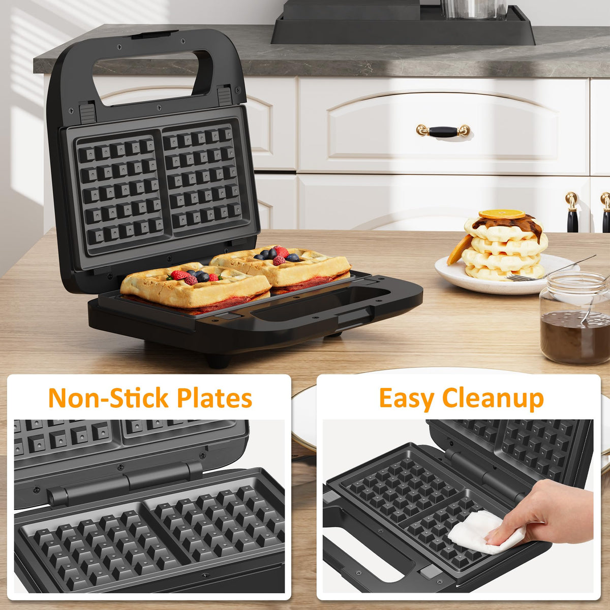 Sunvivi Sandwich Maker Panini Press: Waffle Maker with Removable Plates, 3 in 1 Sandwich Maker Press with Non-Stick Plates, Indicator Lights & Cool Touch Handle, 750W, Black