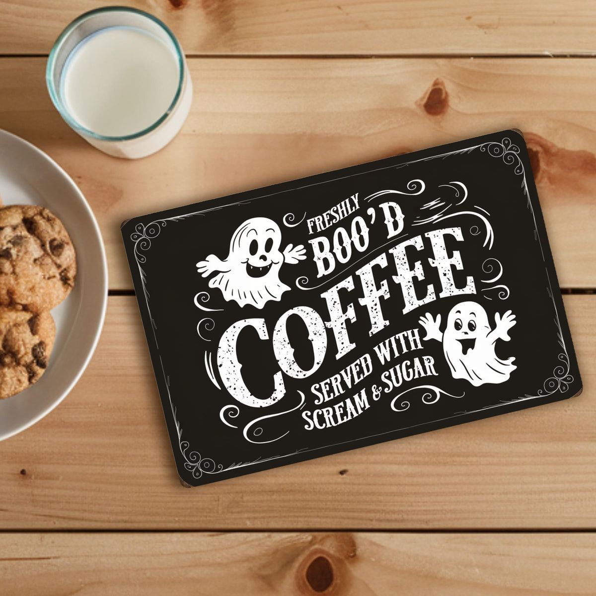 Halloween-Themed Metal Sign - "Freshly BOO'D Coffee Served with Scream and Sugar" - Humorous Ghost Design - 8"x12" Black Metal Sign