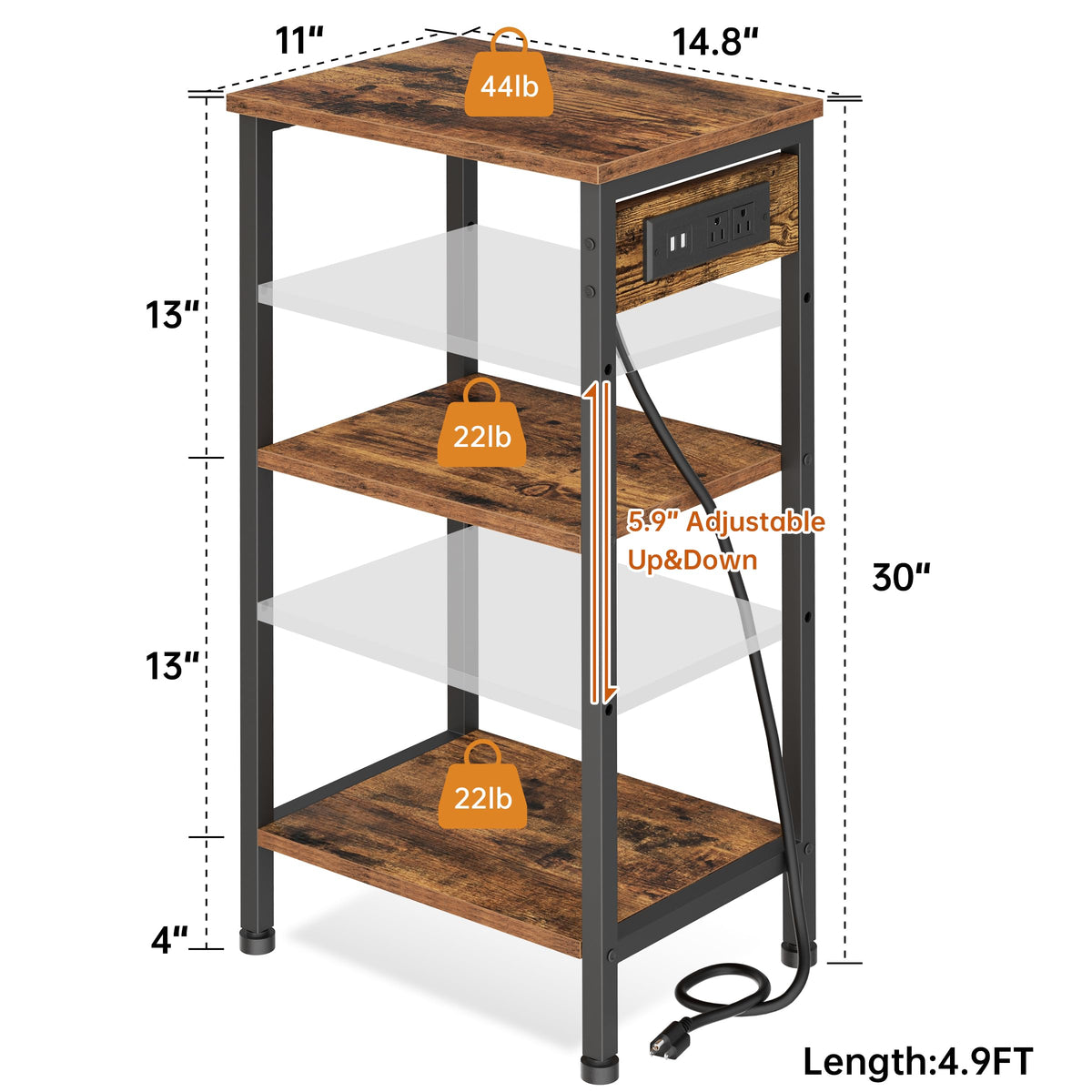 Asgolion Tall End Table with Charging Station, 3 Tier Narrow Tall Nightstand with Storage, Slim Side Table with USB Ports and Outlets for Bedroom, Living Room, Office, Rustic Brown and Black