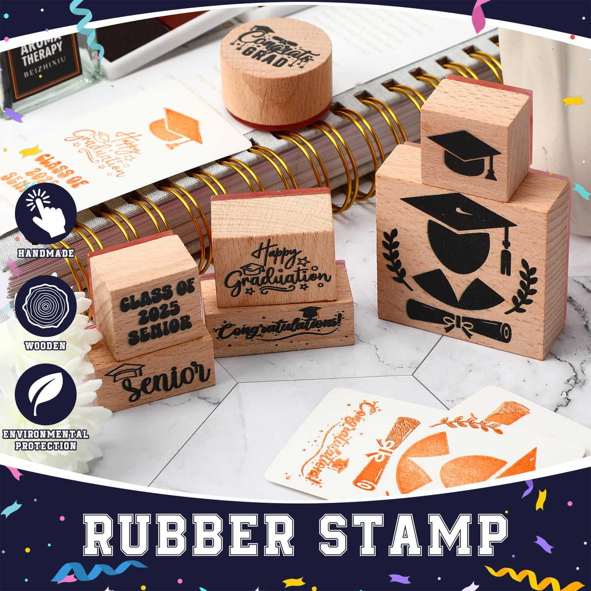 Supervitae 8 Pcs Graduation Rubber Stamps Set Wooden Rubber Stamps Graduation Season Vintage Wooden Rubber Art Stamps for Crafting and DIY Scrapbooking Card Making Hand Book