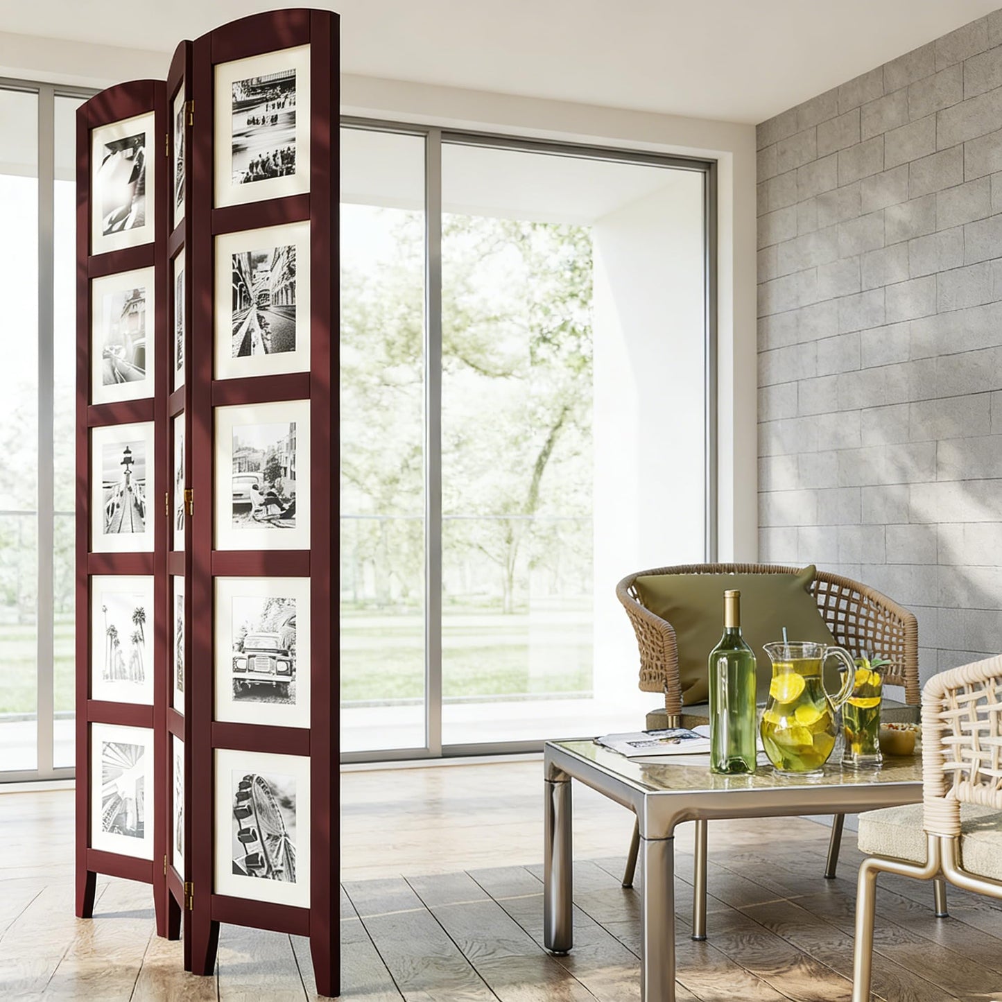 SZQINJI 3 Panel Photo Room Divider Screen, Solid Wood Divider for Room Separation for 8x10 Picture Frame Without Mat for 5x7 Photo with Mat, Walnut