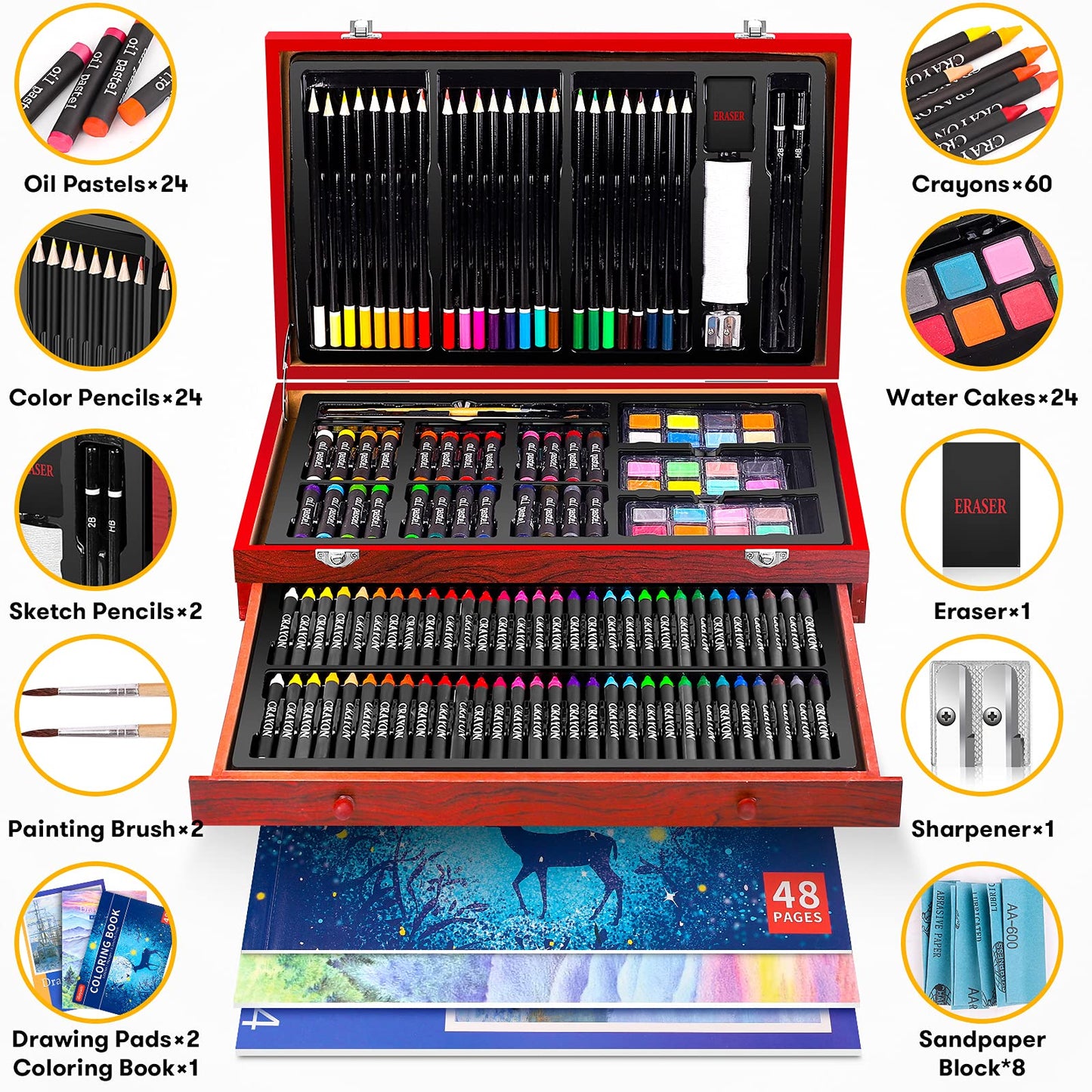 iBayam Art Supplies, 150-Pack Deluxe Wooden Art Set Crafts Drawing Painting Kit with 2 -Sketch Pads, 1-Coloring Book, Gift Box for Kids Adults Artist Beginners Teens Girls Boys 5 6 7 8 9 10 11 12