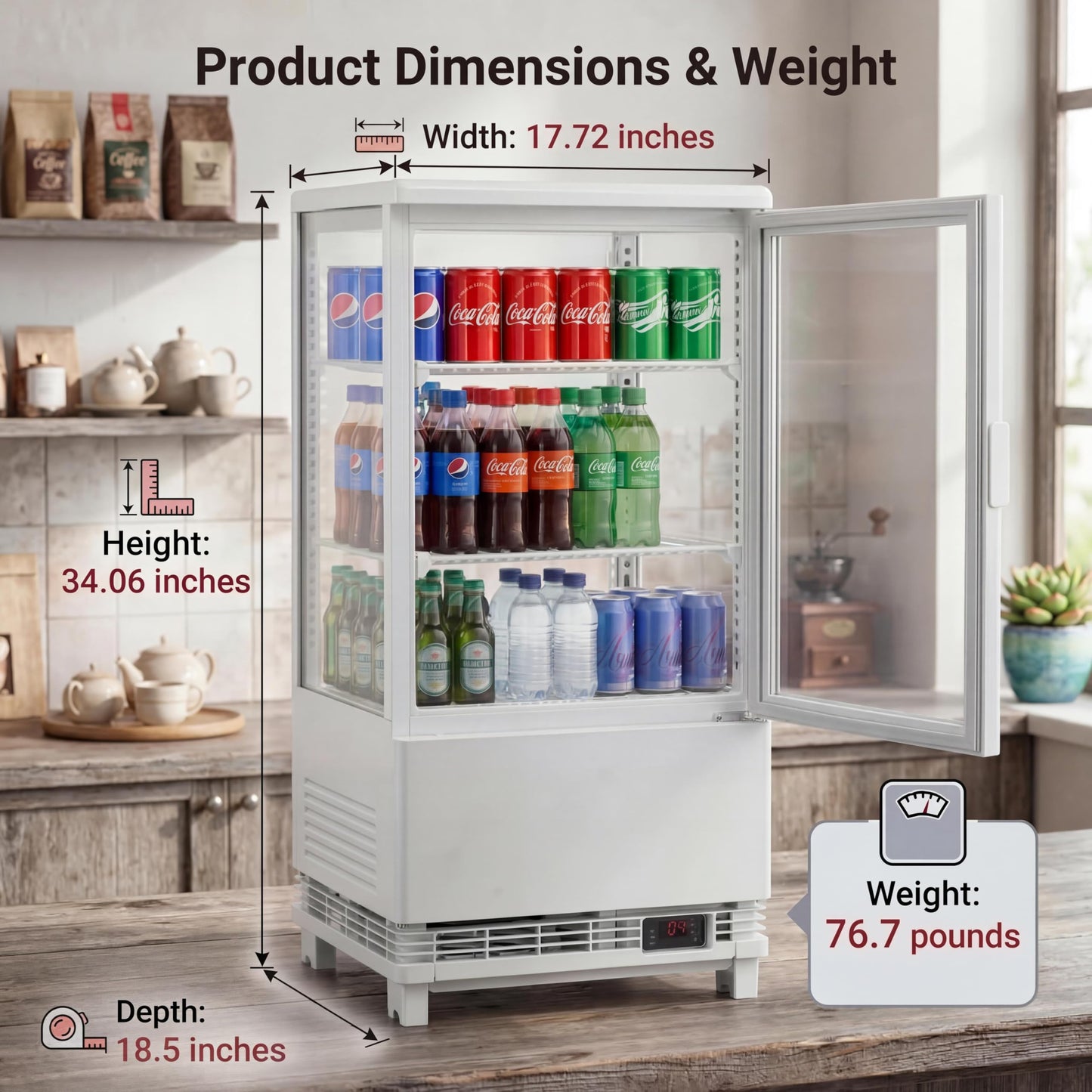 Countertop Display Refrigerator 2.0 Cu.ft, LED Light, Air-Cooling, Sliding Door, Adjustable Shelves, Automatic Defrost, Commercial Mini Fridge for Bakery, Cafe, Restaurant, White