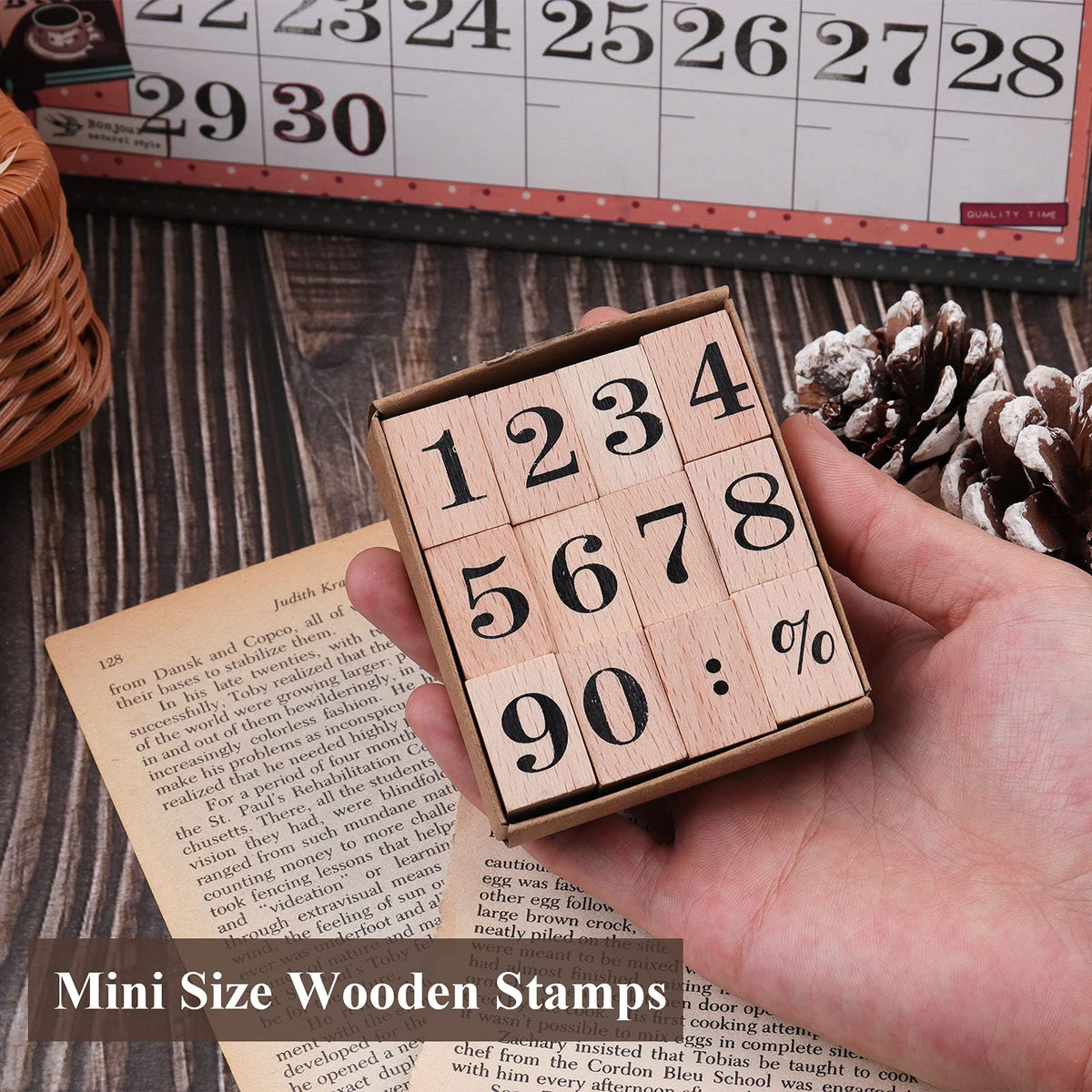 Dizdkizd 12 Pieces Wooden Rubber Stamps, Small Number 0-9 Decorative Multipurpose Wood Mounted Rubber Stamp Set for DIY Craft, Letters Diary and Craft Scrapbooking