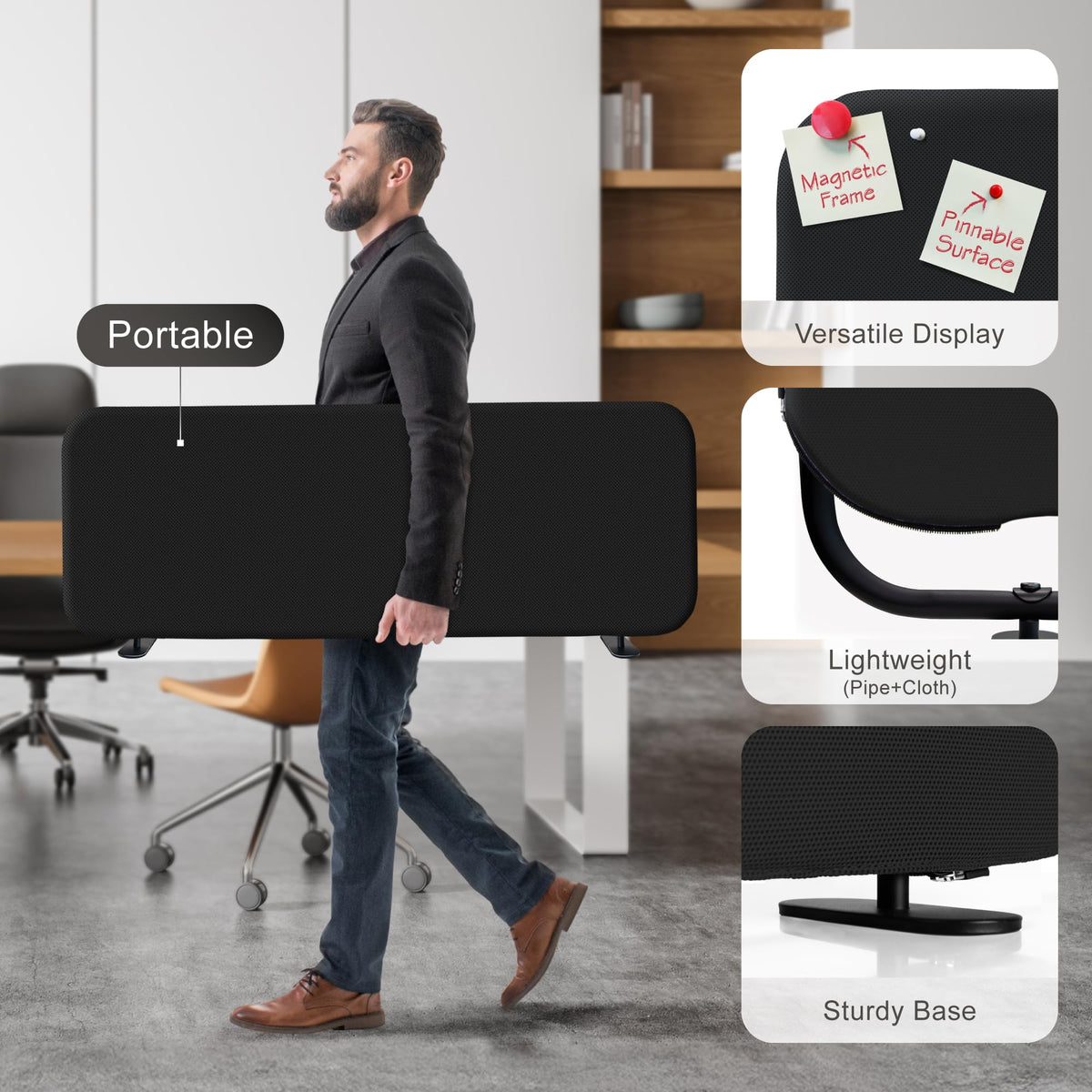 DECOLAB Desk Divider, Movable Desk Panel Privacy Partition for Home Office, Student, Classroom, Study, Free Standing, Scratch Resistance, 48"x18", Midnight
