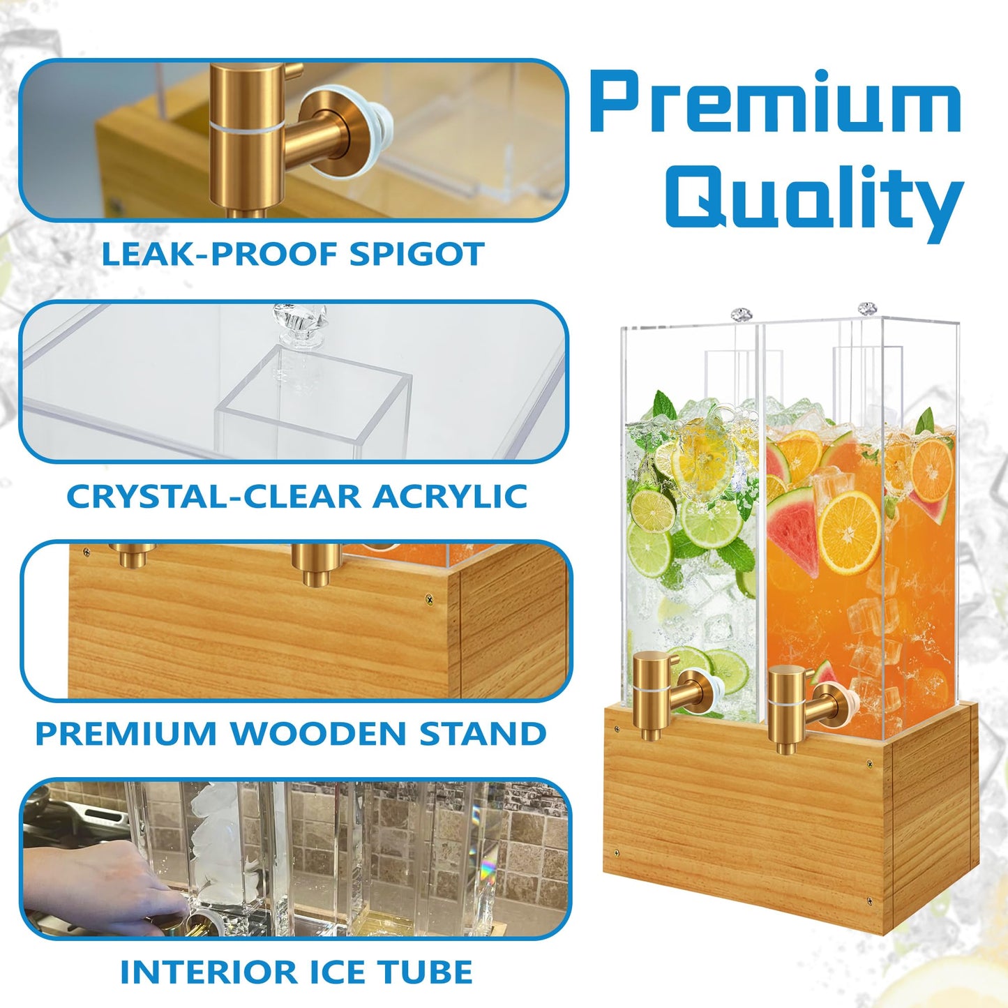 2 Pack 2 Gallon Drink Dispenser, Large Drink Dispenser with Wood Stand, Beverage Dispenser with Ice Core and Airtight Valve, Drink Dispensers for Parties