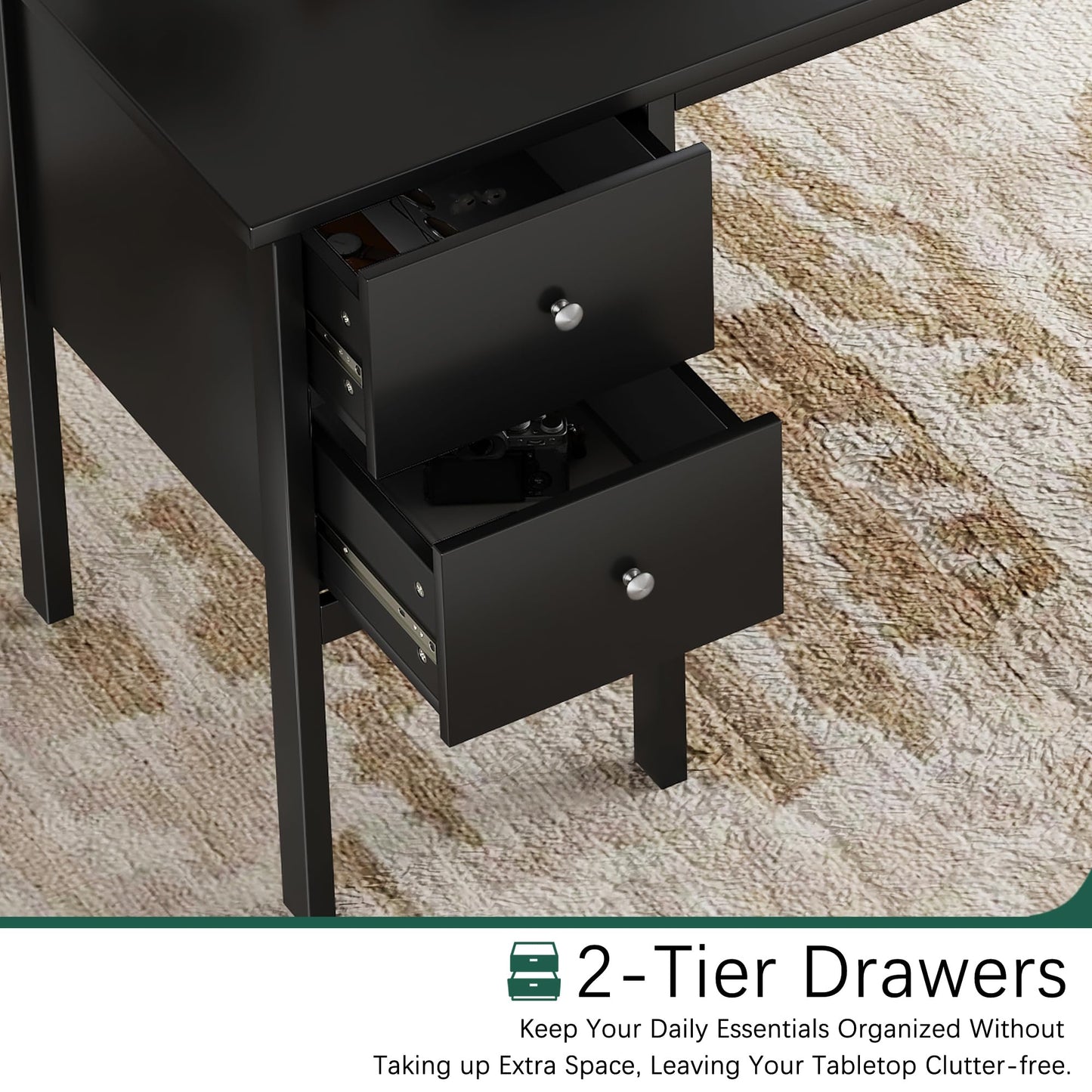 BHG Computer Desk with Drawers,Modern White Home Office Desk with Storage Filing Cabinet, Vanity Desk Makeup Dressing Table for Bedroom,Small Writing Table PC Desks for Study (Black, 43.3")