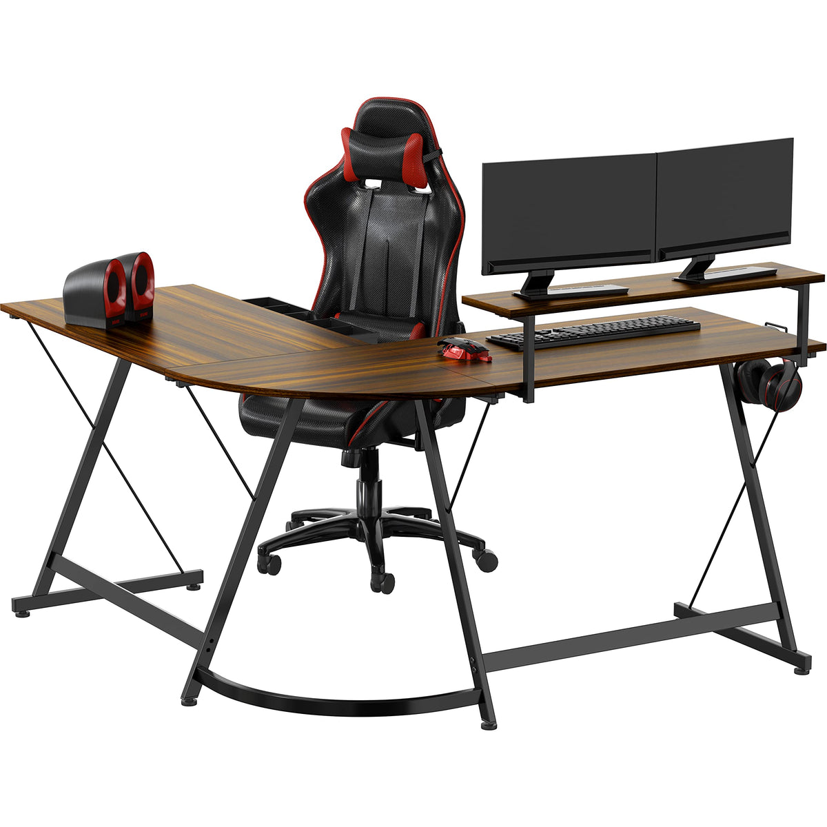 SHW 51 x 51 Inches Vista L-Shaped Desk with Monitor Stand and Drawer, Walnut