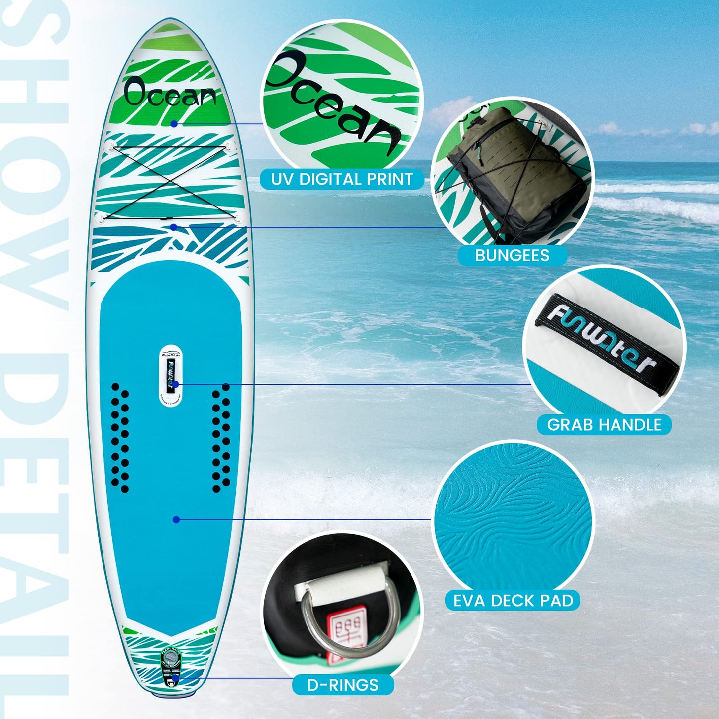 FEATH-R-LITE Inflatable Paddle Board Stand Up Paddleboards for Adults SUP with Premium Accessories Pump, Adjustable Paddle, Leash, Three Fins, Backpack (‎Blue Ocean)