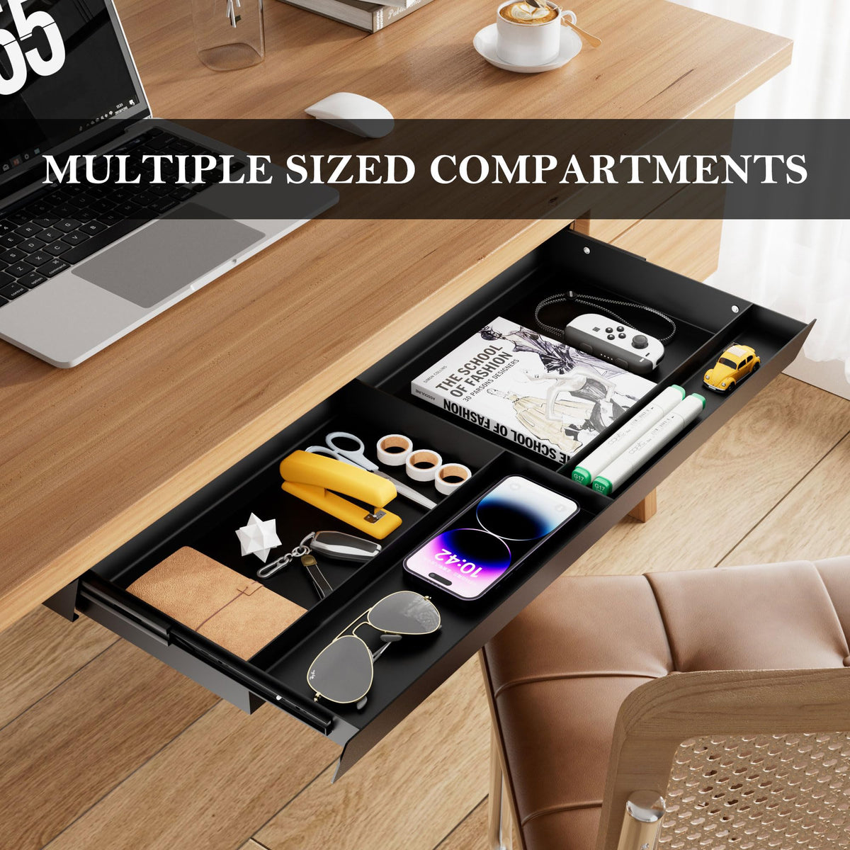 Gaxomo Under Desk Drawer 28.3" Wide, 60° Ergonomic Tilt Organizer with Multi-Compartment – Ball Bearing Slides, Fully Assembled, Under Desk Storage for Home Office Supplies