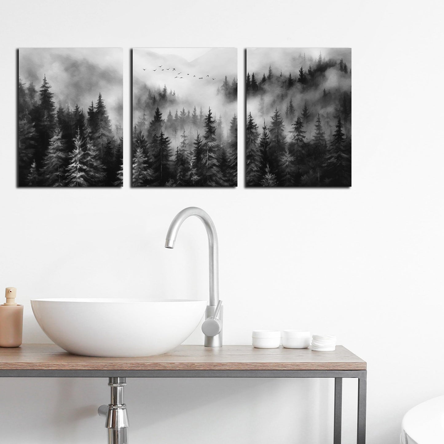 TYTAUPT Foggy Forest Canvas Wall Art for Bedroom Black and White Pictures Wall Art for Living Room Home Office Wall Decor 12 x 16 Inch x 3 Pieces