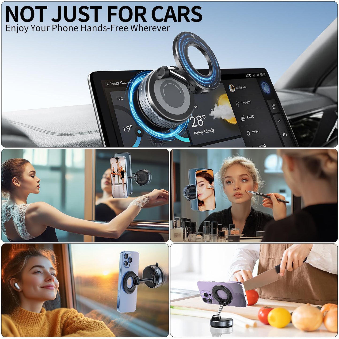 Galundge Vacuum Suction Magnetic Phone Holder, 2025 Upgraded Foldable Retractable Suction Cup Car Phone Mount for Magsafe, 360° Adjustable Magnetic Phone Stand for Cars/Gyms/Mirrors/Smooth Surface