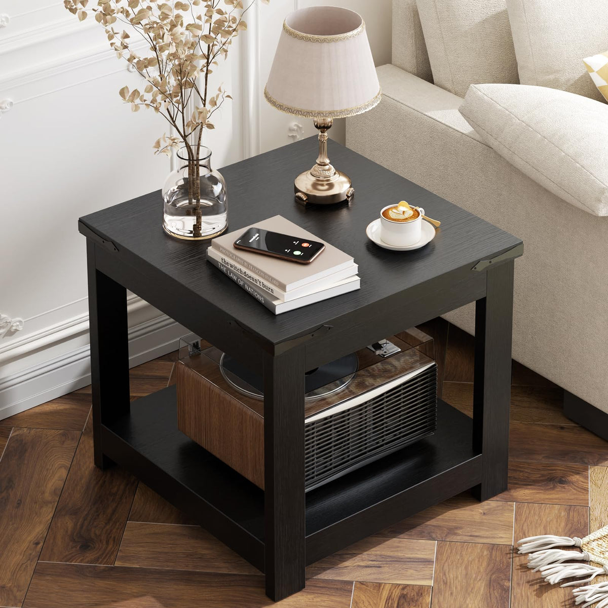 Homieasy Black End Table, 20x20 Inch Square Side Table for Living Room, Large Wood Accent Table with Storage Shelf, Modern Farmhouse Nightstand Bedside Table, Black