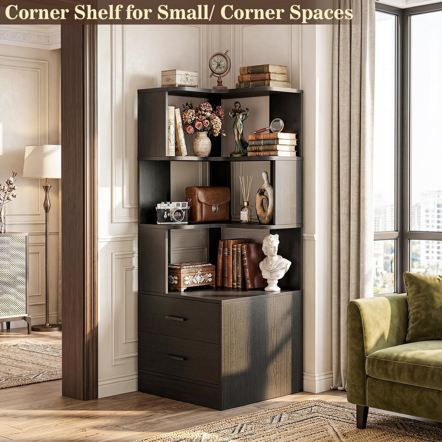 Armocity Corner Bookshelf with Drawers, 6 Tier Corner Book Shelf Display Bookcase, Freestanding L Shaped Bookshelf for Bedroom, Living Room, Home Office, Black
