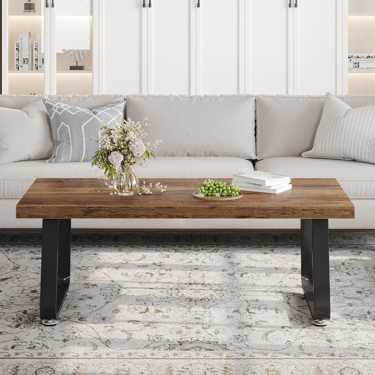 HSH Wooden Coffee Table, Industrial Rectangle Center Table, Modern Minimalist Coffee Table for Living Room, Farmhouse Wood and Metal Cocktail Tea Table for Bedroom Home Office, Rustic Brown, 47 in