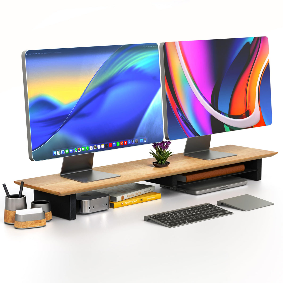COREMINDED Solid Wood Dual Monitor Stand Riser – 43" Oak Desk Shelf for 2 Monitors with Tray & Wool Felt, Organizer for Desktop, Laptop and Office (Solid Oak)