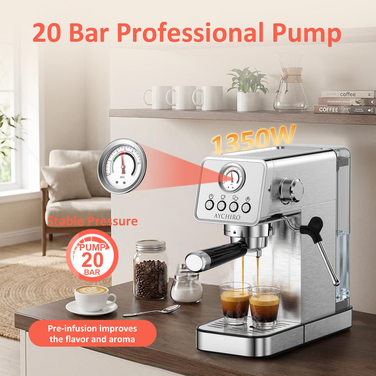 AYCHIRO 20 Bar Semi-Automatic Espresso Machine, Adjustable Espresso Machine with Pressure Gauge, Compact Espresso Maker with Steam Wand, Cup Warmer for Home & Office