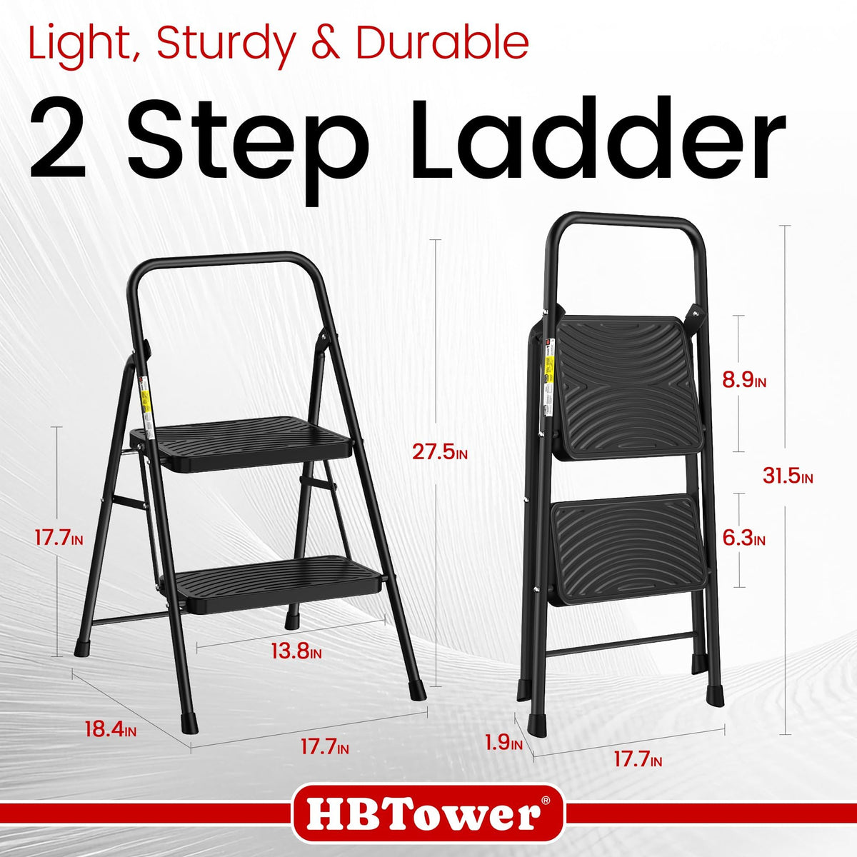 HBtower 2 Step Ladder, Step Stool with Wide Anti-Slip Pedal, Folding Step Stool with Convenient Handle for Home and Kitchen, Black