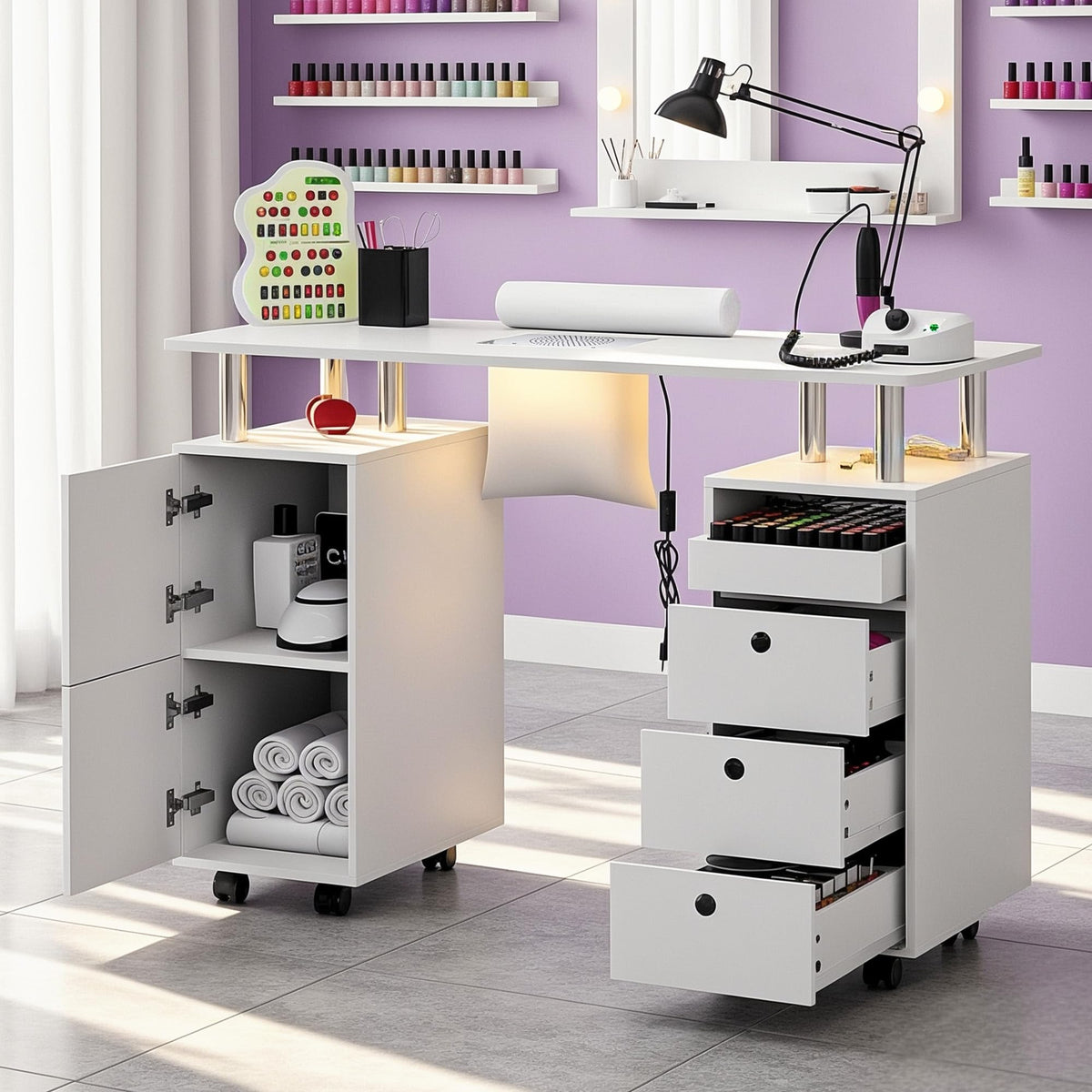 HolaiNail Nail Desk for Nail Tech w/Electric Dust Collector, Rolling Manicure Table w/Lockable Wheels, Storage Drawers, Wrist Cushion, Acetone Resistant, for Nail Beauty Salon Workstation (White)