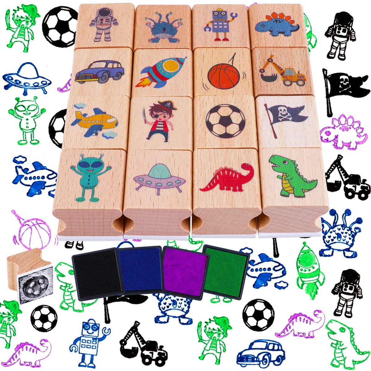 HOWAF 16pcs Wooden Stamps for Kids Boy Crafts with Ink Pad 4pcs, Dinosaur Football Outer Space Pirate Car Stamps for DIY Scrapbook Card Making, Party Bag Fillers Favor for Boys Christmas Birthday Gift