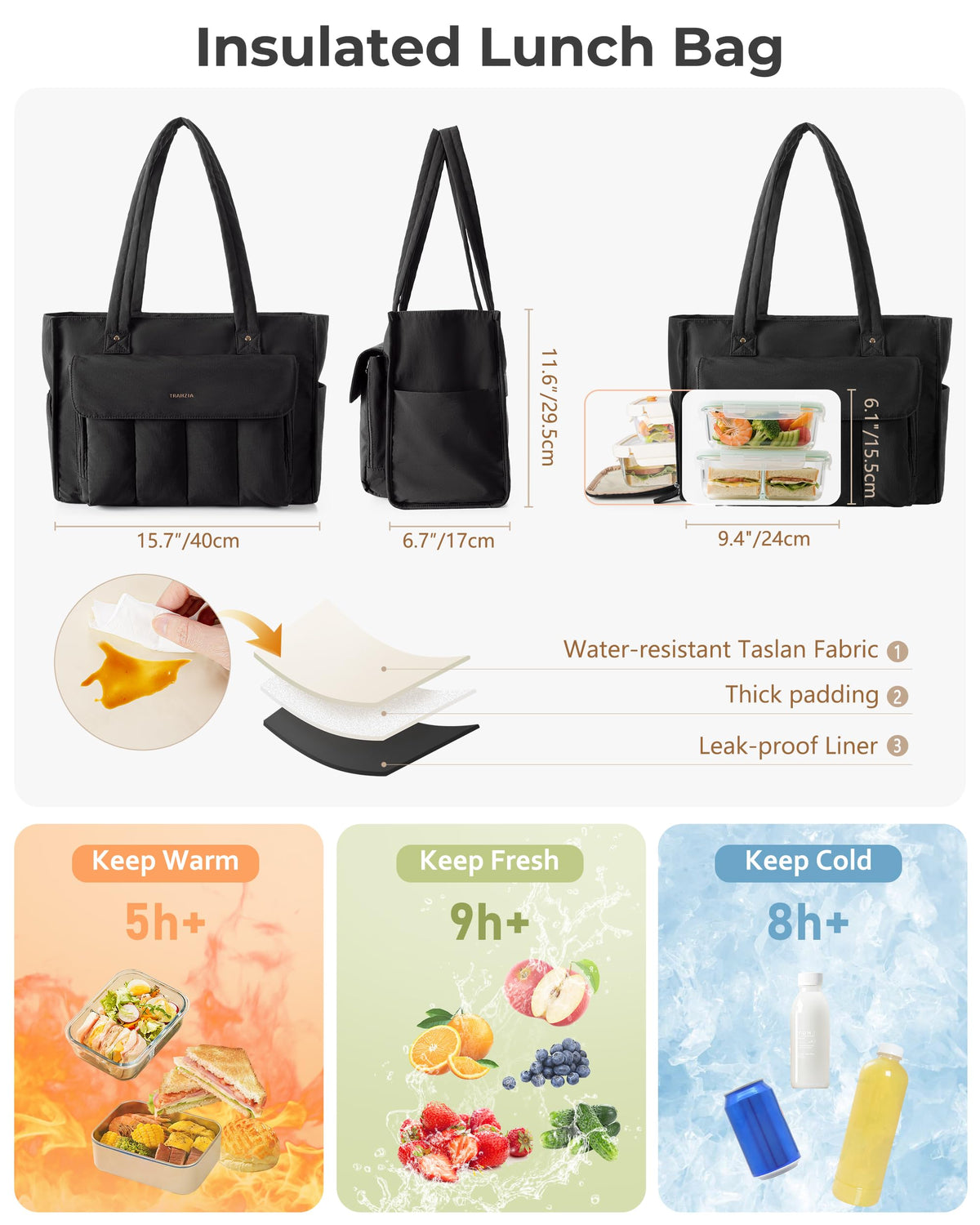 Trahzia Teacher Tote Bag with Lunch Compartment and Accordion Organizer, Insulated Work Lunch Bag Fits for 15.6” Laptop for Women, Black