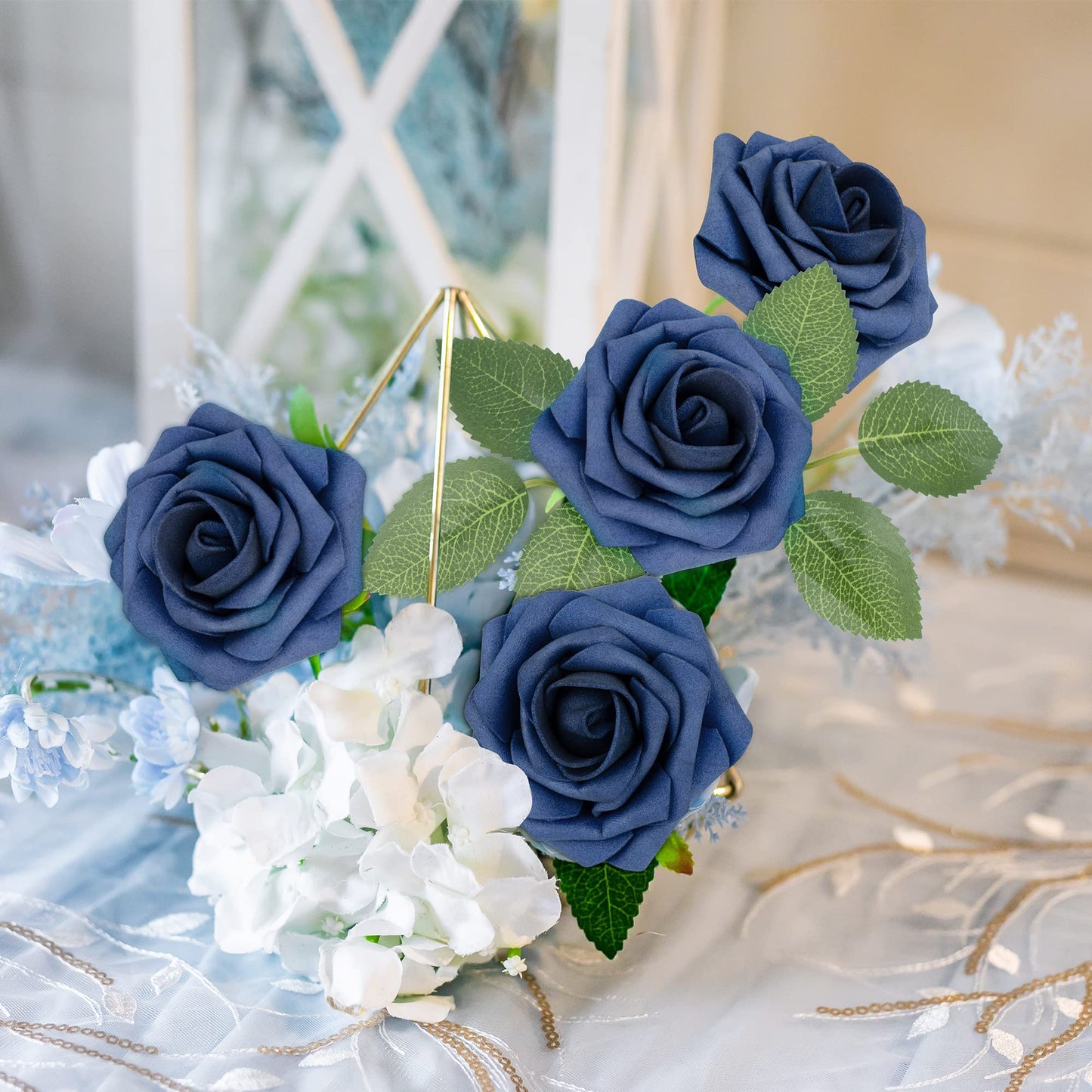 Mocoosy 50Pcs Roses Artificial Flowers, Navy Blue Fake Roses for Decorations, Real Touch Foam Rose Bulk with Stems DIY Wedding Bouquet Bridal Shower Mother's Day Floral Arrangement Party Home Decor