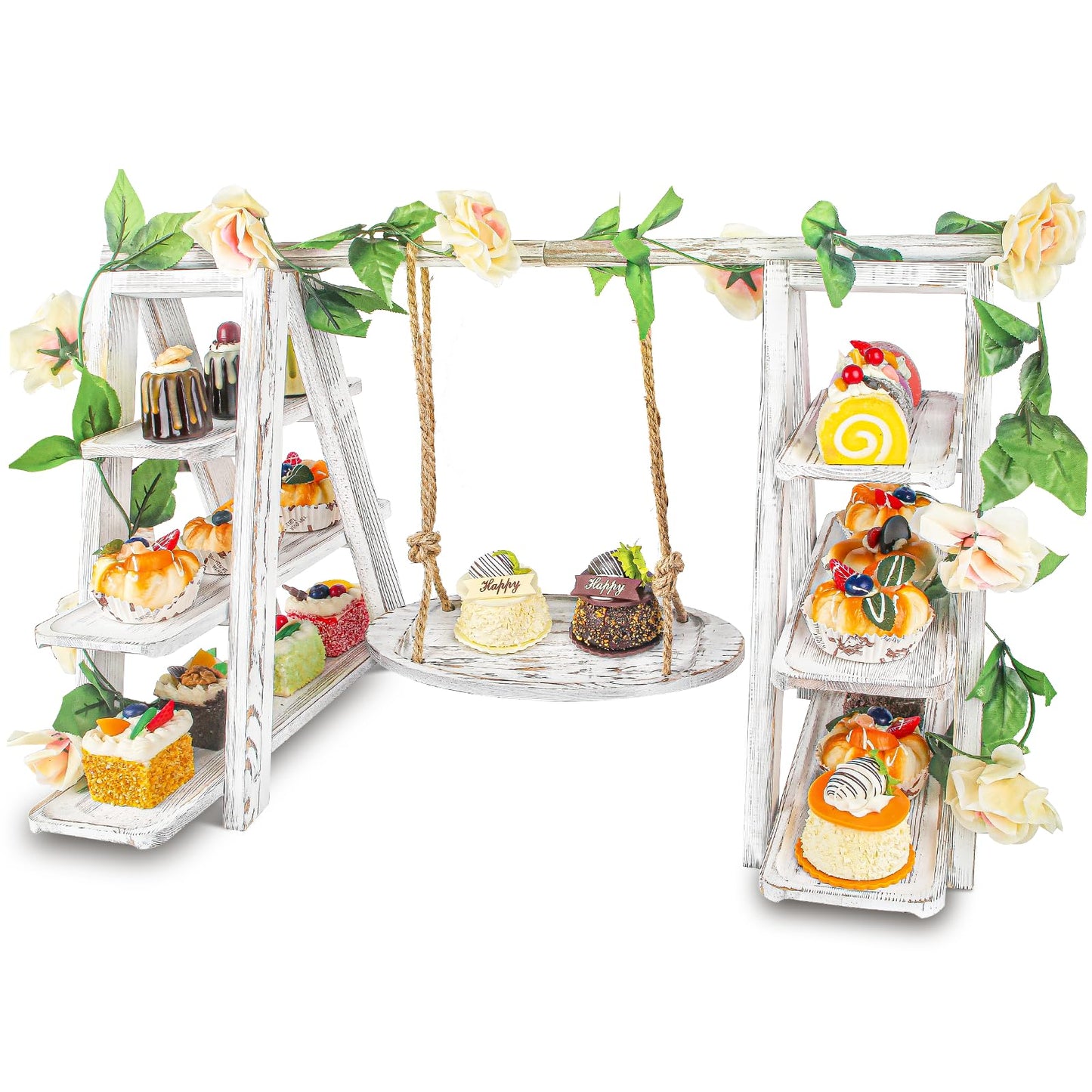 Wisreach Wooden 3 Tier Cupcake Stand with Swing and Flower Decoration Serving Removable Tray Display Serving Ladder Foldable Stand with Serving Platter Tray Party Food Display Set for Cake Snack Fruit Chips Bread Centerpieces Catering