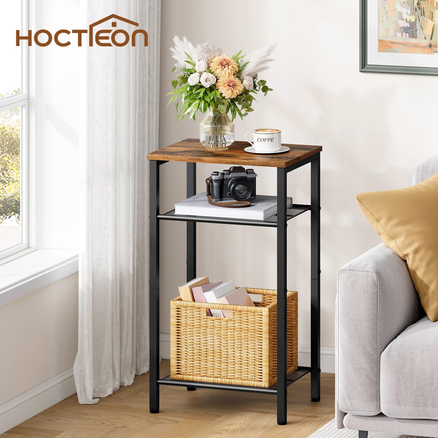 Hoctieon 2-Set 3 Tier End Table, Telephone Table Set of 2, Tall Side Table with Storage Set of 2, Small Nightstand for Small Spaces, Metal Frame, for Living Room, Bedroom, Sofa Couch, Rustic Brown