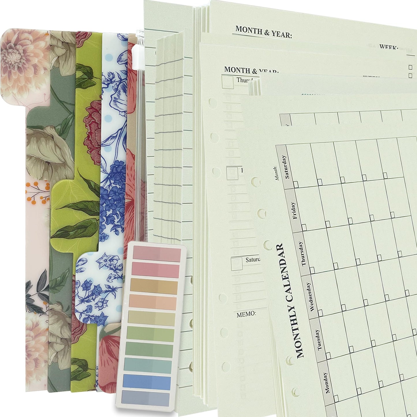 Metrubyone 90+54+14 A5 Refill Paper with Undated Monthly Weekly Calendar Planner Inserts, 6 Ring Loose Leaf Lined Filler Paper Refillable for Binder Planner Journal Agenda Notebook