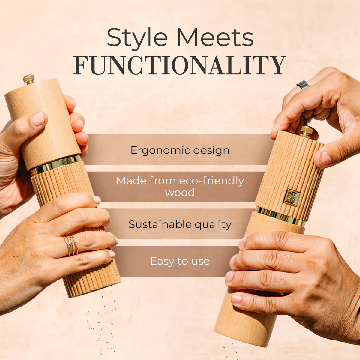 Wooden Salt and Pepper Grinder Set – Refillable Manual Salt and Pepper Mills with Adjustable Ceramic Burrs, Gold Detailing, and Wood Stand
