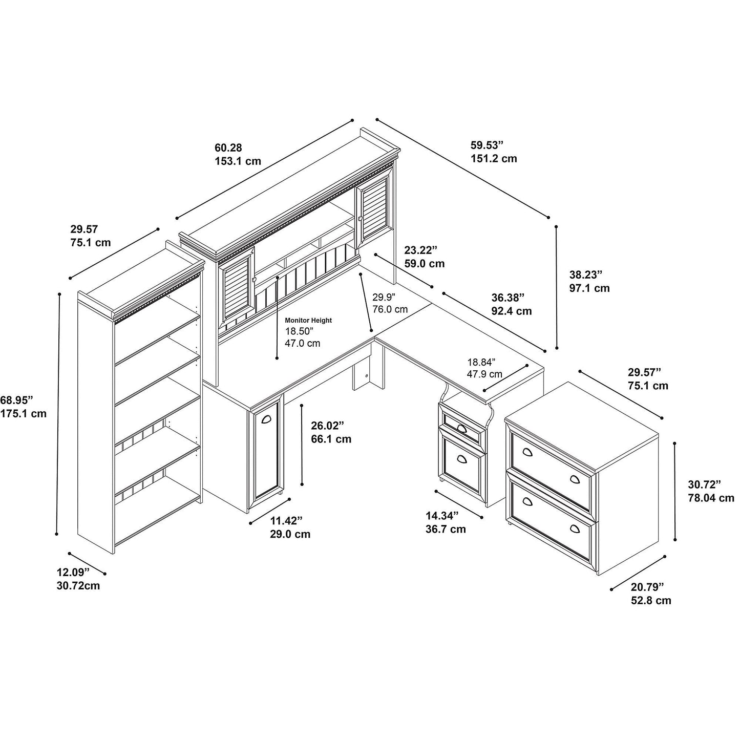 Bush Home Fairview 60W L Shaped Desk with Hutch, Lateral File Cabinet and 5 Shelf Bookcase in Antique White and Tea Maple
