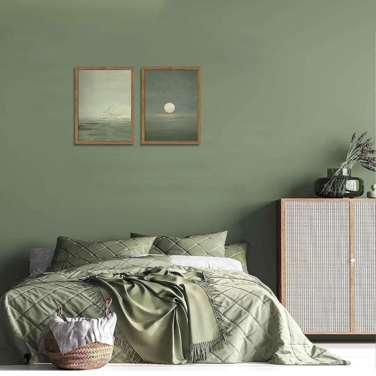Framed Japanese Zen Wall Art Set of 2, Minimalist Sage Green Flying Duck Canvas Wall Decor Paintings, Modern Sunset Landscape Artwork Prints Picture for Living Room Bedroom Bathroom 12x16 Inch