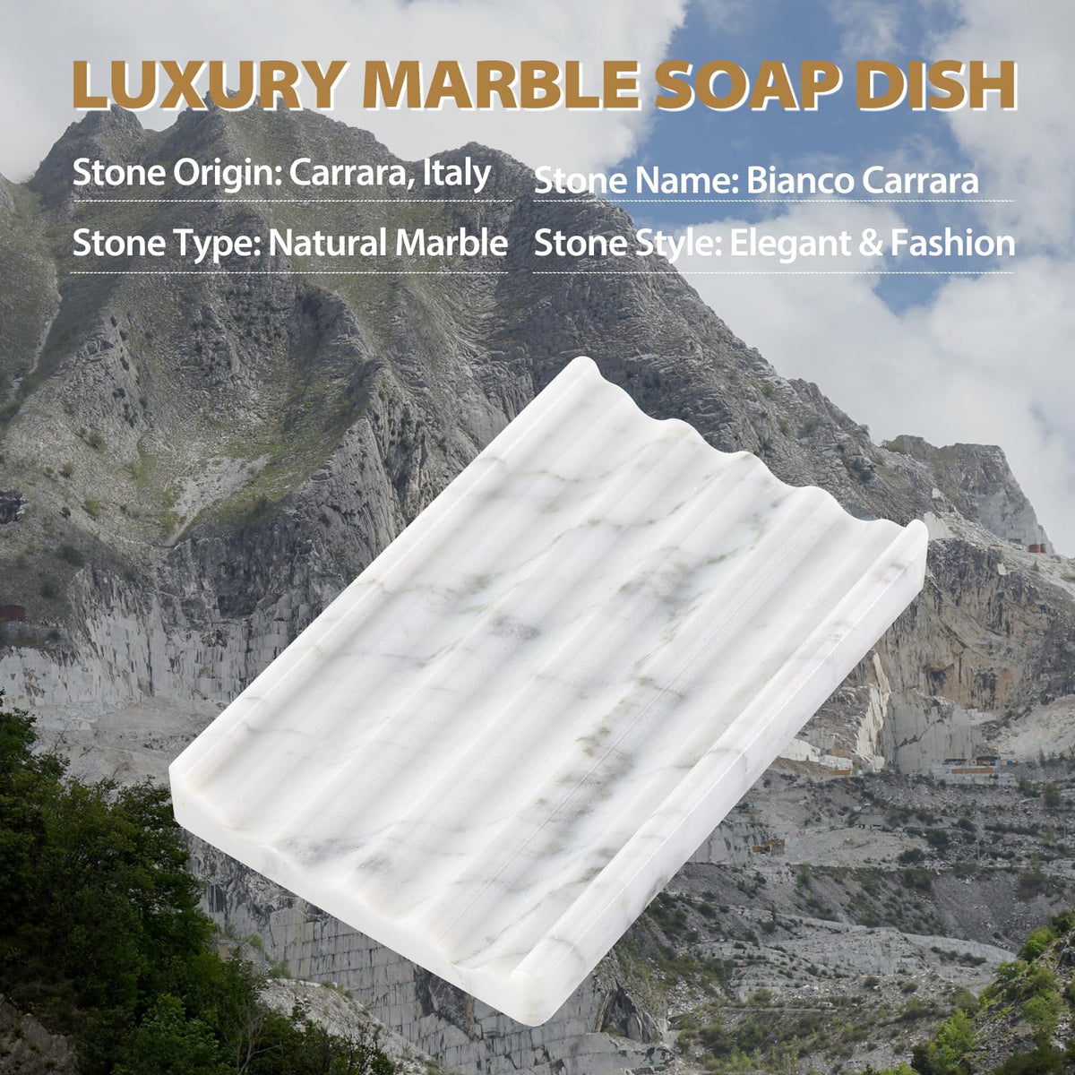 2PCS Koville Italian Natural Marble Soap Dish for Shower, Stone Soap Tray for Bathroom, Bar Soap Holder for Sink, Stripe Grooves Saver Keep Bars Dry Easy Clean (Bianco Carrara)