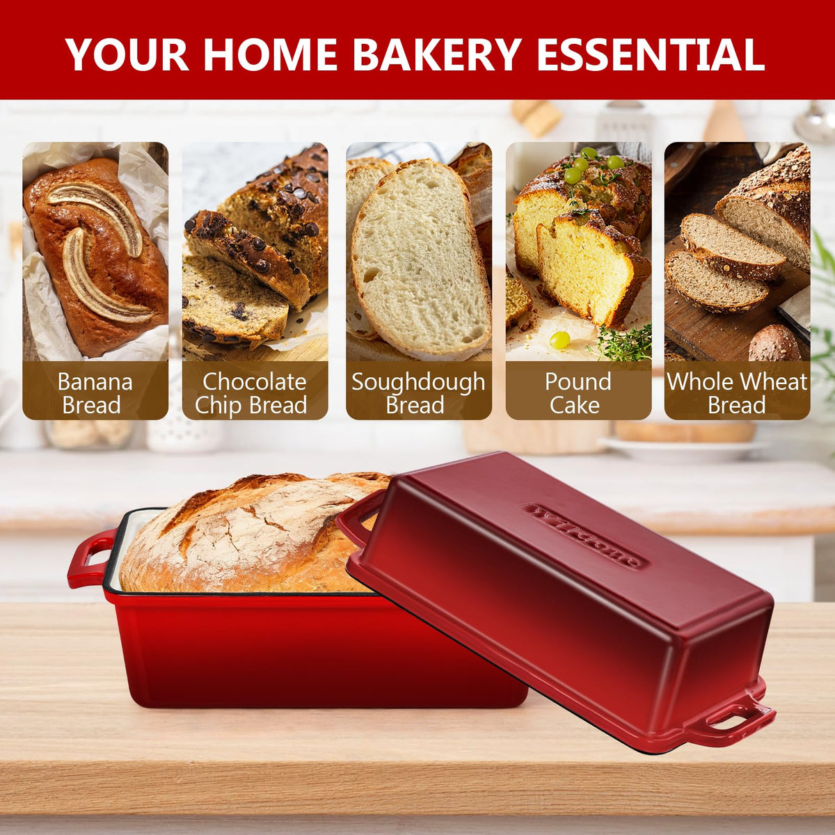 Wildone Enameled Cast Iron Bread Loaf Pan with Lid, 9x5 Sourdough Baking Pans for Homemade Bread, Cake, Meatloaf, Even Heating Bread Pans, 2-Piece Set, Red