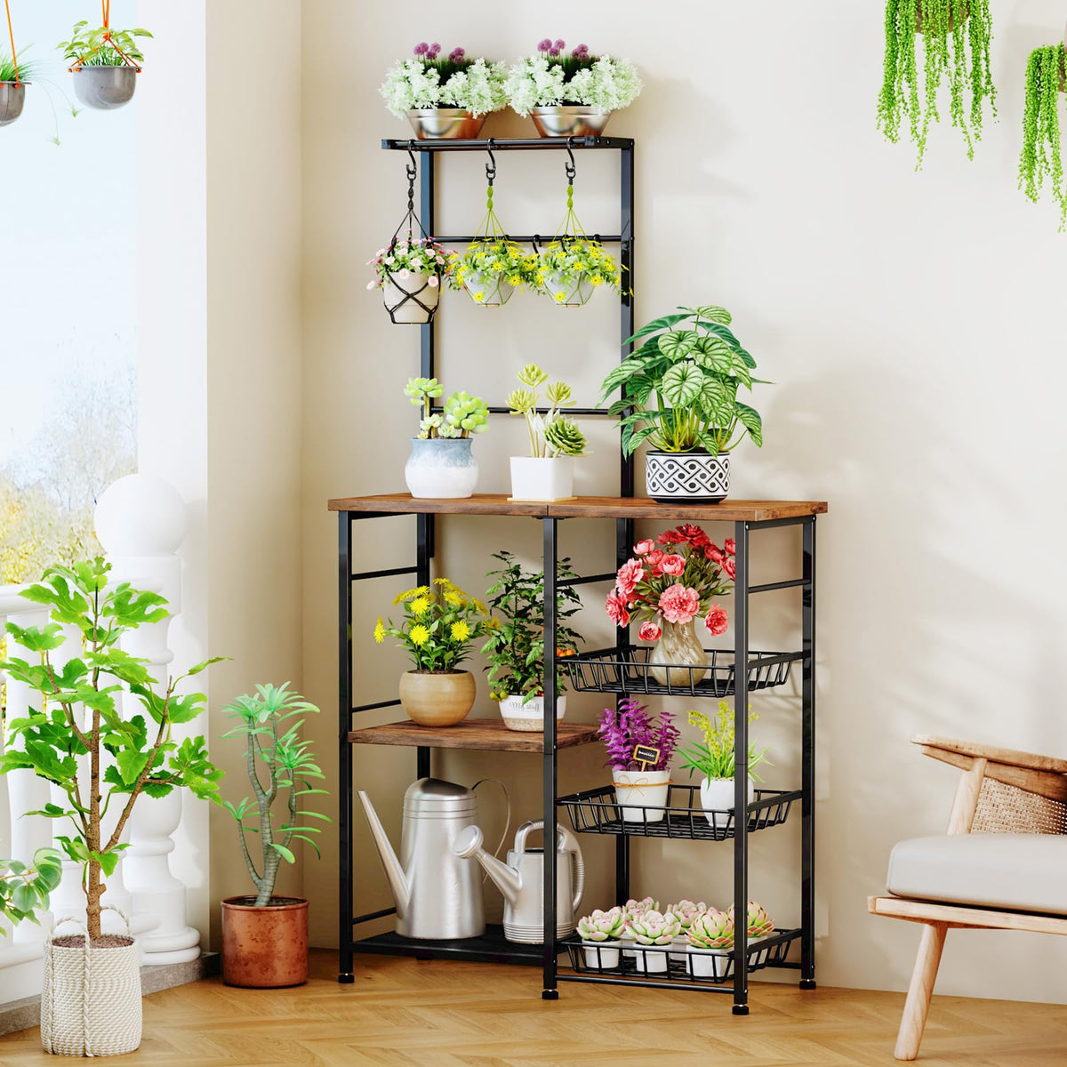 SWTYMIKI Bakers Rack with Storage - Coffee Bar Cabinet with Shelves, Coffee Station Organizer and Kitchen Stand with 8 Hooks, Baskets, Adjustable Feet for Kitchen Dining Room Pantry, Espresso