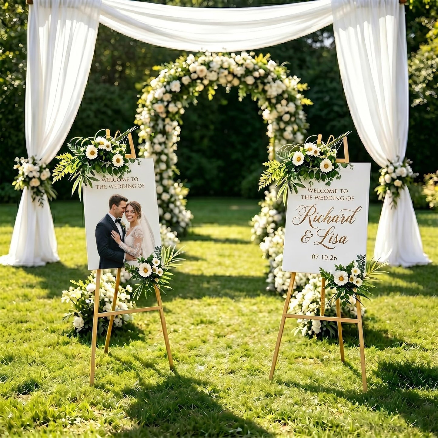 GRENTY 2 Pack Gold Easel Stand for Wedding Signs – No Assembly Needed, Heavy Duty Metal Display Stand for Art, Welcome Signs, Posters, Pictures, Paintings, and Floor Décor