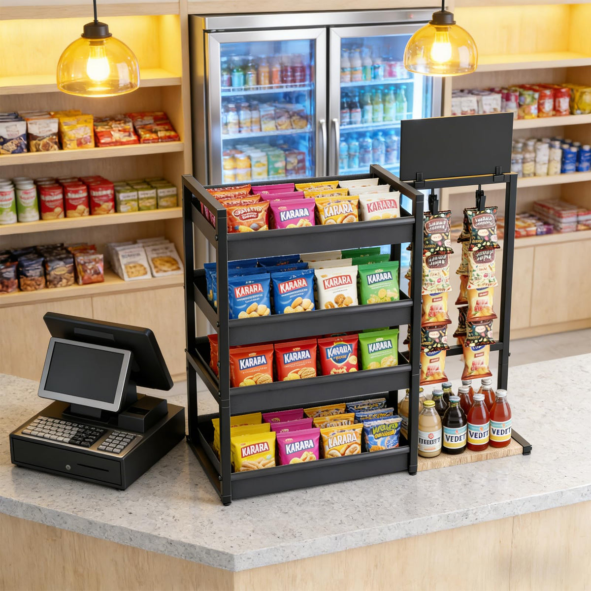 DEMEGA 4-Tier Snack Organizer with 20 Clips, Large Capacity Snack Rack with Message Board, Modern Industrial Snack Cart for Kitchen Office Store Party Countertop, Matte Black Metal & Oxford Fabric Snack Storage
