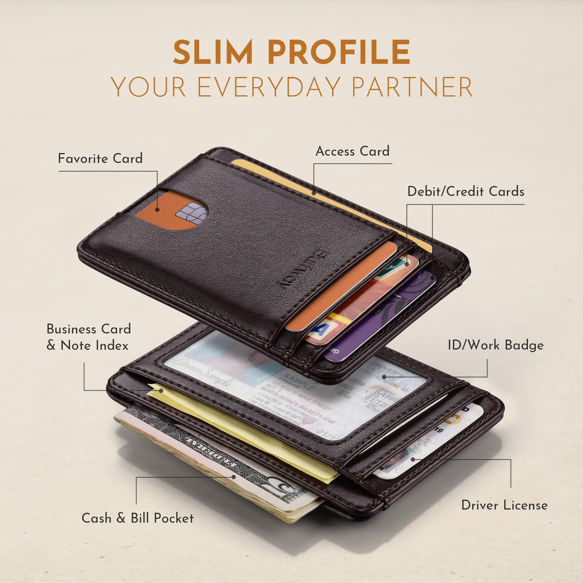 Buffway Slim Minimalist Front Pocket RFID Blocking Leather Wallets for Men and Women - Pebble Brown